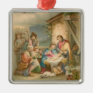 Ornement Carré Argenté Jésus dans Manger