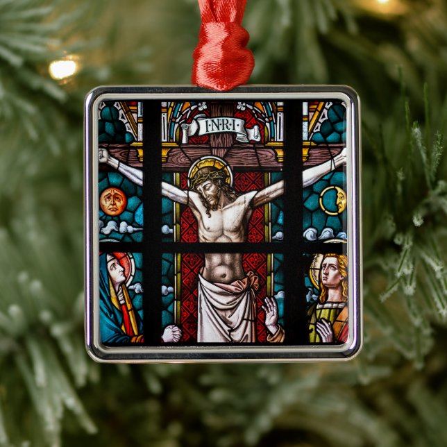 Ornement Carré Argenté Jésus sur la croix, crucifixion (Arbre)