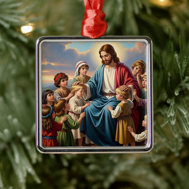 Ornement Carré Argenté Jesus Surrounded by Children (Arbre)