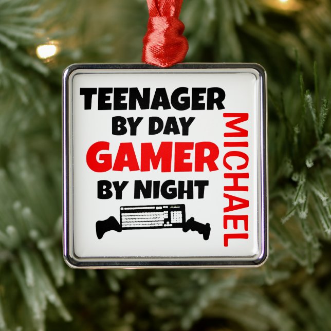 Ornement Carré Argenté Jeune Gamer (Arbre)