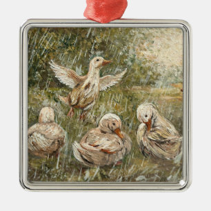 Ornement Carré Argenté Jeux d'eau Ferme fantaisiste Famille de canards Ét