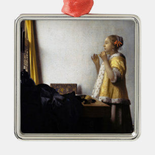 Ornement Carré Argenté Johannes Vermeer - Jeune femme avec collier perle