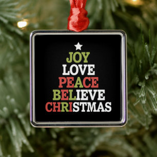 Ornement Carré Argenté Joie Amour Paix Croire Arbre de Noël Famille