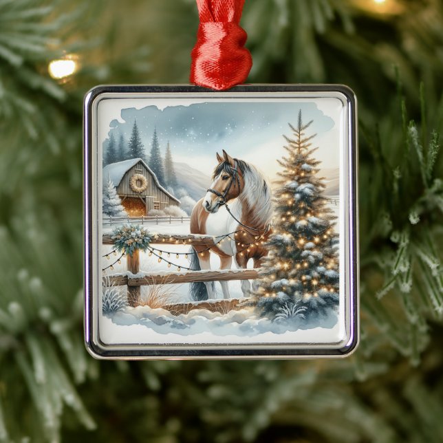 Ornement Carré Argenté Joli Noël festif de Cheval Brown et Blanc (Arbre)