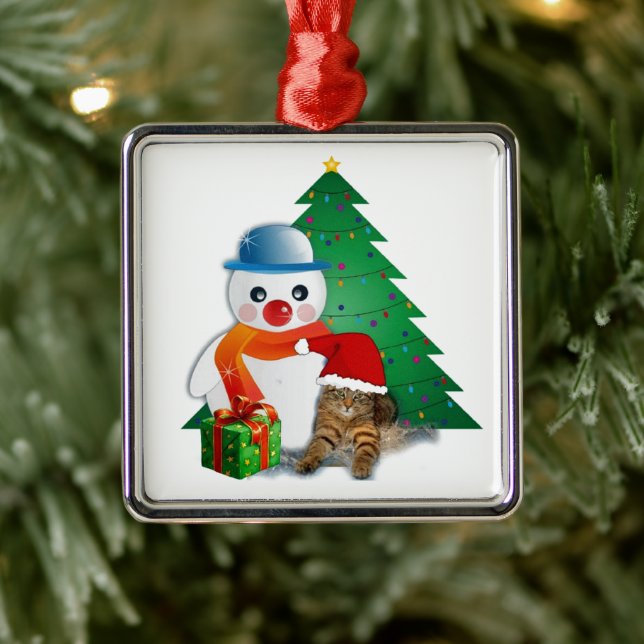 Ornement Carré Argenté Joli Snowman, Chat et Arbre de Noël (Arbre)