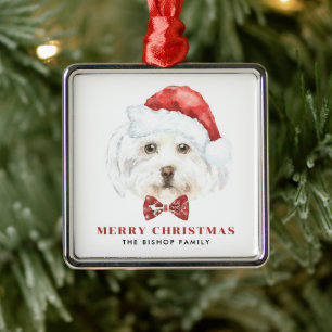 Ornement Carré Argenté Jolie aquarelle Maltese Père Noël Joyeux Noël