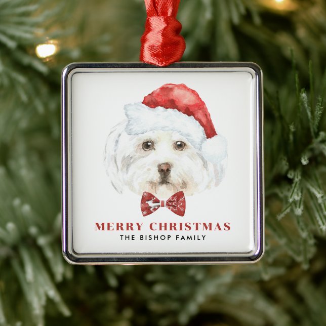 Ornement Carré Argenté Jolie aquarelle Maltese Père Noël Joyeux Noël (Arbre)