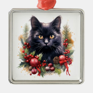 ORNEMENT CARRÉ ARGENTÉ JOLIE CHRISTMAS NOIR COULEUR D'EAU CHAT