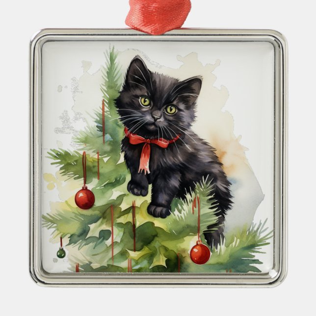ORNEMENT CARRÉ ARGENTÉ JOLIE CHRISTMAS NOIR COULEUR D'EAU CHAT (Devant)