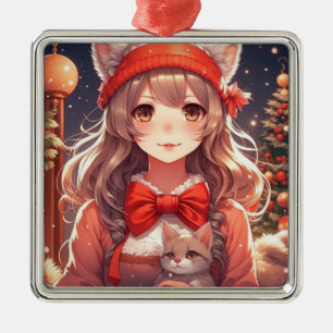 Ornement Carré Argenté Jolie Fille d'Anime Tenant un Chaton Noël