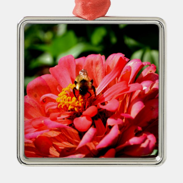 Ornement Carré Argenté Jolie fleur rouge et abeille de miel (Devant)