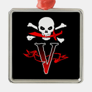 Ornement Carré Argenté Jolly roger V Monogramme initial