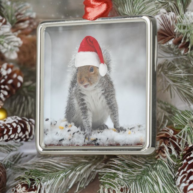 Ornement Carré Argenté Jolly Squirrel avec l'ornement Carré de Santa Hat (Créateur téléchargé)