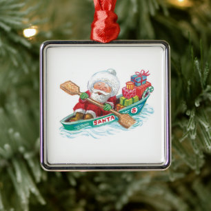 Ornement Carré Argenté Jote Cartoon Jolly Santa Claus dans un bateau de r