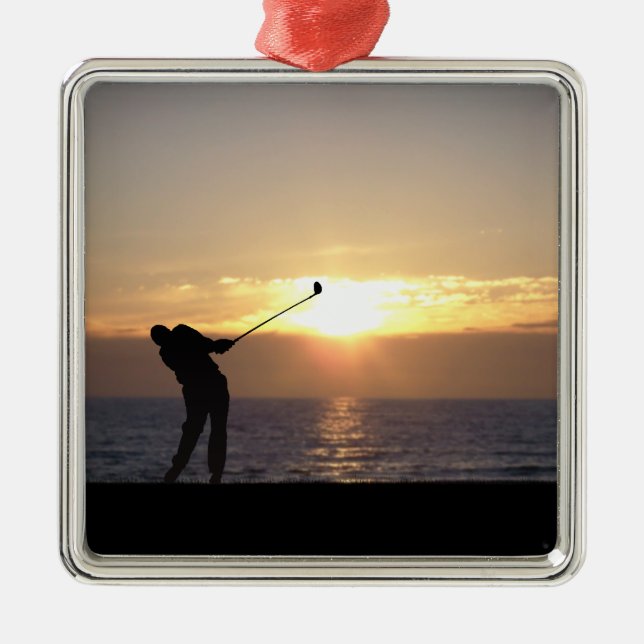 Ornement Carré Argenté Jouer Au Golf Au Coucher Du Soleil (Devant)