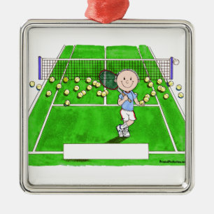 Ornement Carré Argenté Joueur de tennis, homme - Dessin personnalisé