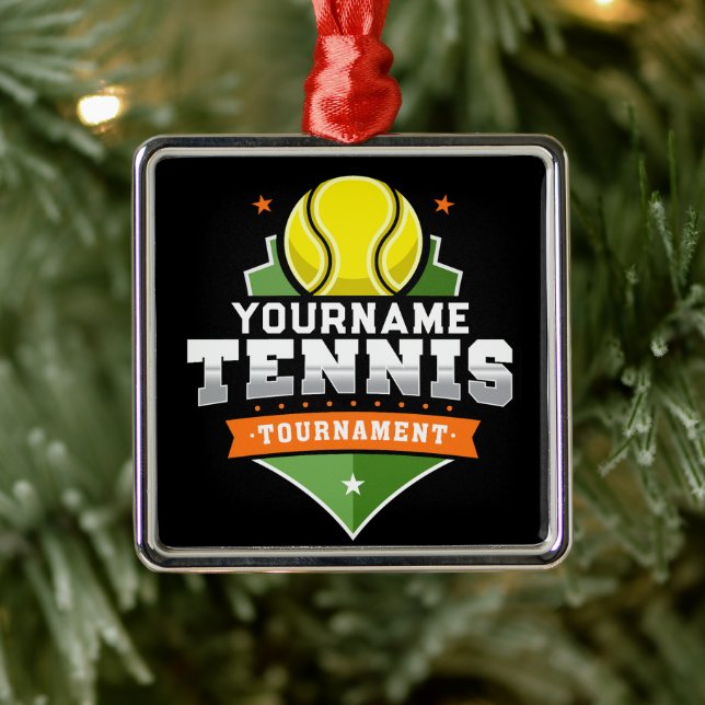 Ornement Carré Argenté Joueur de tennis personnalisé NOM Tournoi de Varsi (Arbre)