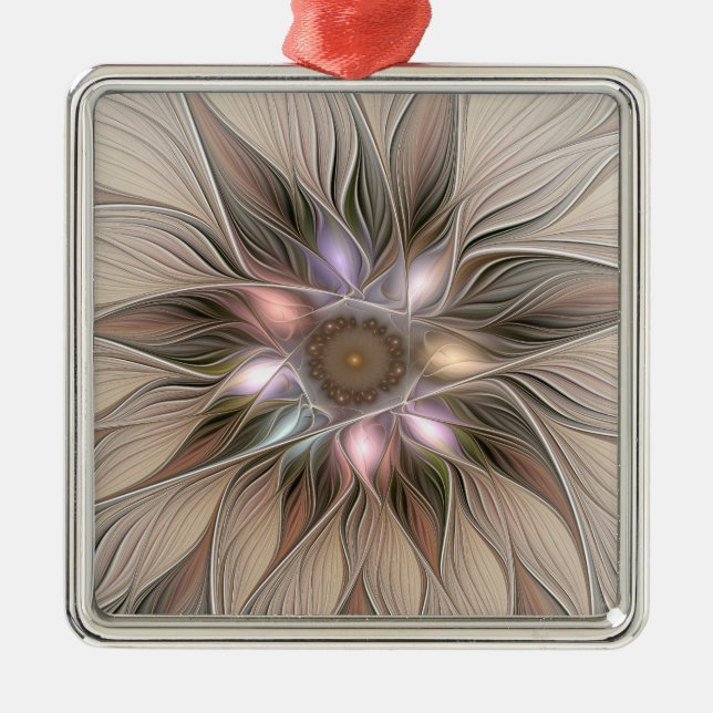 Ornement Carré Argenté Joyeuse Fleur Abstrait Beige Brown Floral Fractal (Devant)