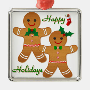 Ornement Carré Argenté Joyeuses vacances Gingerbread Homme garçon fille