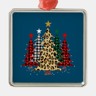 Ornement Carré Argenté Joyeux arbres de Noël avec Buffalo Plaid & Leopard