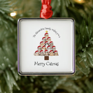 Ornement Carré Argenté Joyeux Cat Noël Personnalisé Famille Noël Fêtes
