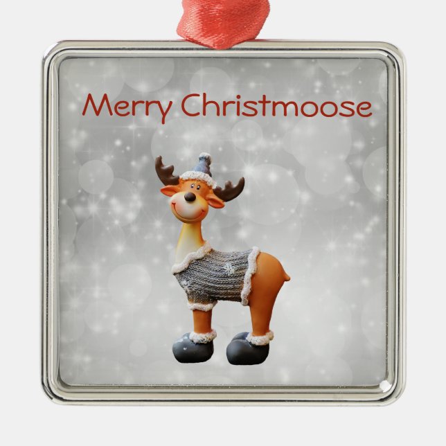 Ornement Carré Argenté Joyeux Christmoose portant un casquette (Devant)