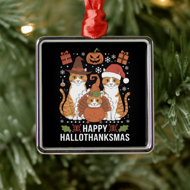 Ornement Carré Argenté Joyeux Hallothanksmas Chats Halloween Noël (Arbre)