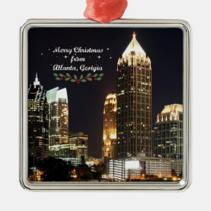 Ornement Carré Argenté Joyeux Noël, Atlanta, Georgia Skyline