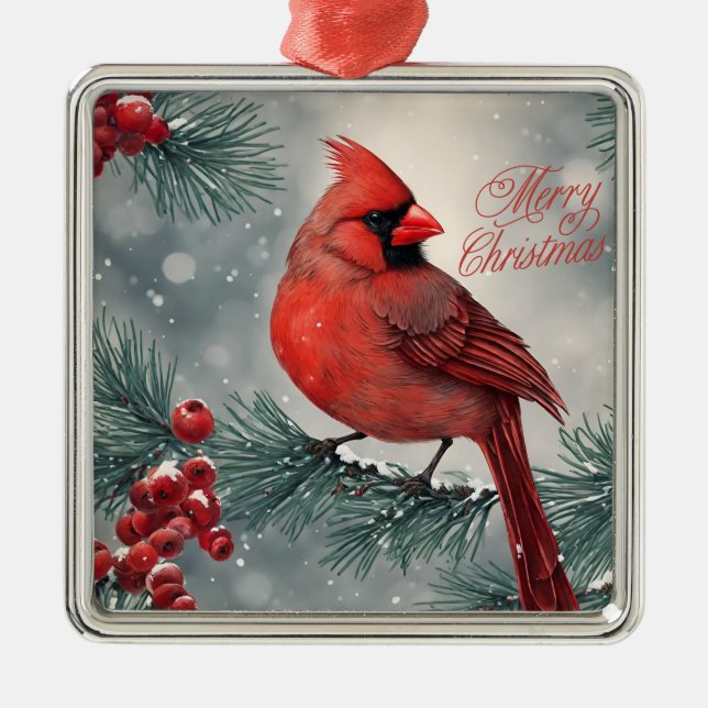 Ornement Carré Argenté Joyeux Noël Cardinal Rouge et Berries (Devant)