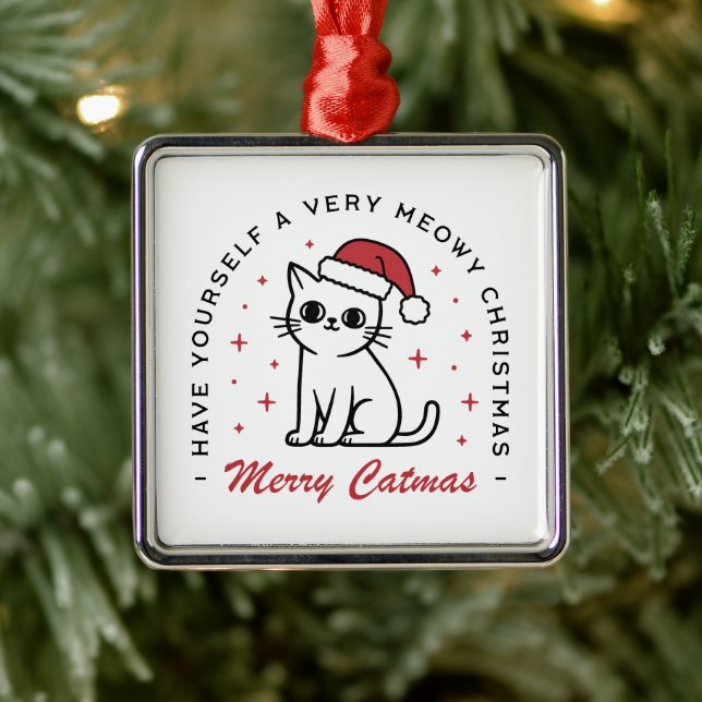 Ornement Carré Argenté Joyeux Noël chat rouge esthétique (Arbre)