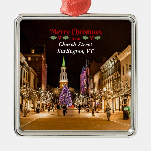 Ornement Carré Argenté Joyeux Noël de Burlington VT, (Devant)