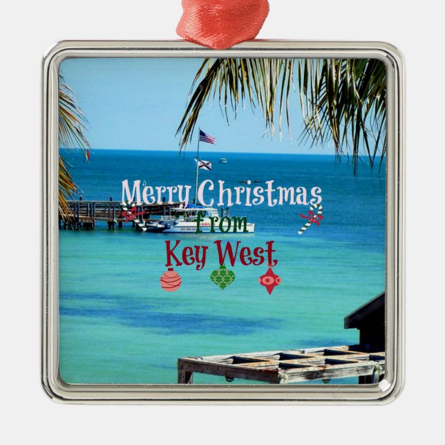 Ornement Carré Argenté Joyeux Noël de Key West (Devant)