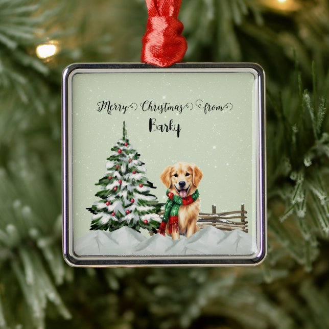 Ornement Carré Argenté Joyeux Noël du nom du chien (Arbre)
