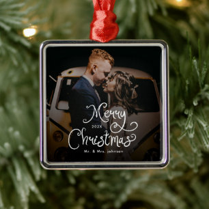 Ornement Carré Argenté Joyeux Noël Écriture Fantaisiste Photo personnali