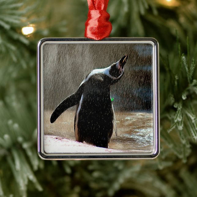Ornement Carré Argenté Joyeux Noël en métal encadré de pingouin (Arbre)