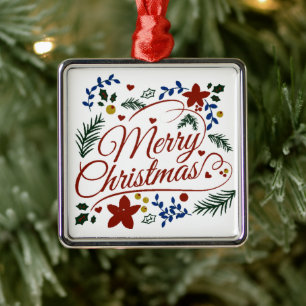 Ornement Carré Argenté Joyeux Noël floral  