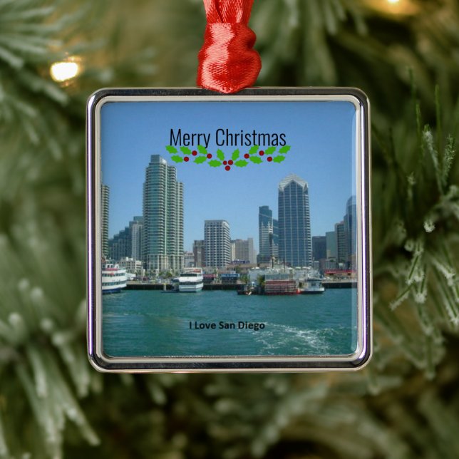 Ornement Carré Argenté Joyeux Noël, horizon de San Diego, (Arbre)