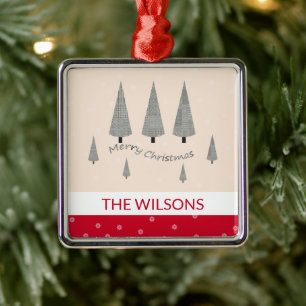 Ornement Carré Argenté Joyeux Noël Houndstooth Rouge moderne
