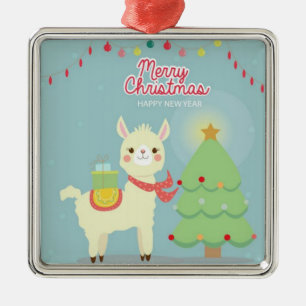 Ornement Carré Argenté Joyeux Noël Joyeux Nouvel An Llama