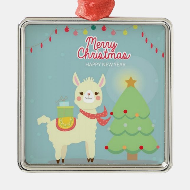 Ornement Carré Argenté Joyeux Noël Joyeux Nouvel An Llama (Devant)