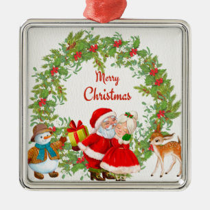 Ornement Carré Argenté Joyeux Noël Père Noël et Mme Claus