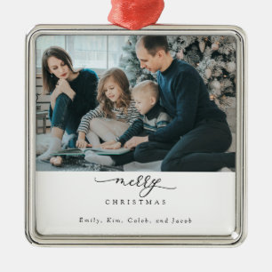 Ornement Carré Argenté Joyeux Noël Script Photo Moderne Chic Minimal