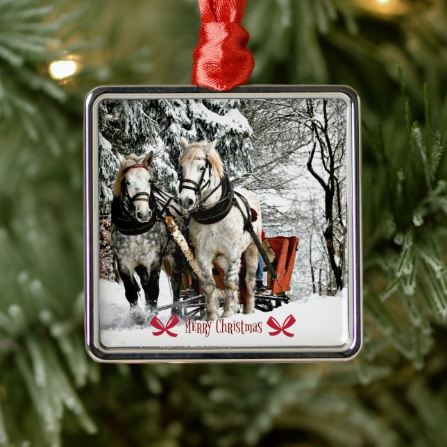 Ornement Carré Argenté Joyeux Noël! Sleigh Ride in the Country (Arbre)