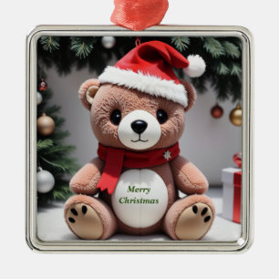 Ornement Carré Argenté Joyeux Noël Teddy Bear