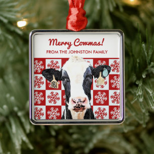 Ornement Carré Argenté Joyeux Noël Vache laitière Holstein Farm Snowflake