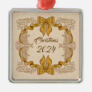 Ornement Carré Argenté Joyeux Noël Vintage Gold Bow