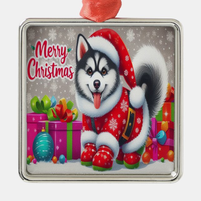 Ornement Carré Argenté Joyeux Noël Whimsical Siberian Husky Chien Xmas (Devant)