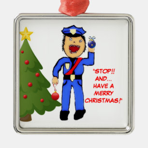 Ornement Carré Argenté Joyeux policier de Noël