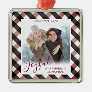 Ornement Carré Argenté Joyful Calligraphy Buffalo Checked Photo Noël