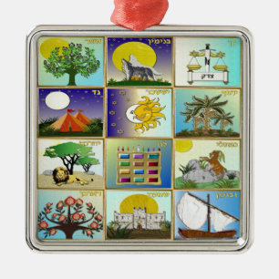 Ornement Carré Argenté Judaica 12 Tribus d'Israël Panneaux d'art